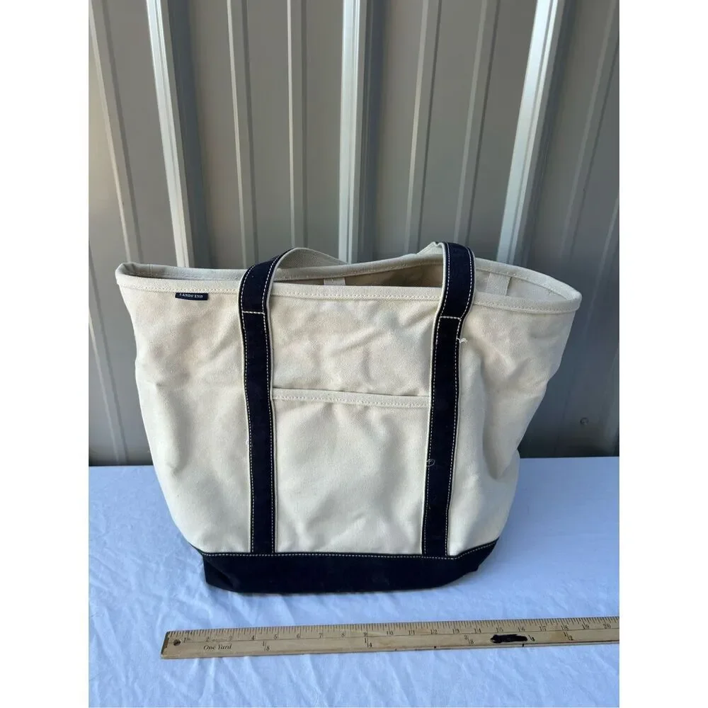 Lands End Boat tote cream canvas black straps 23